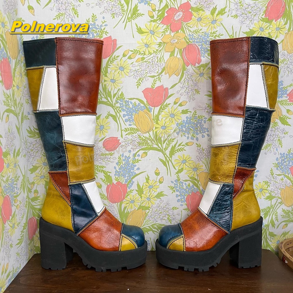 Vintage Fashion Y2K - Vrouwen Retro Patchwork Lederen Kniehoge Laarzen