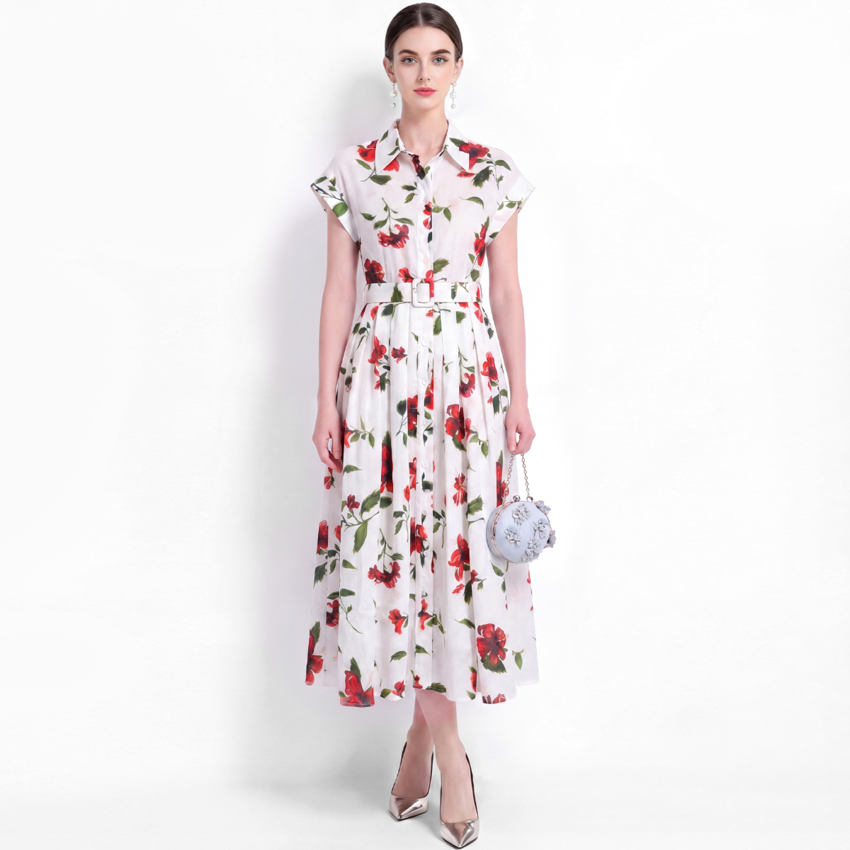 Vintage Fashion Collection - Stijlvolle bloemenjurk met korte mouwen, knoopsluiting,
