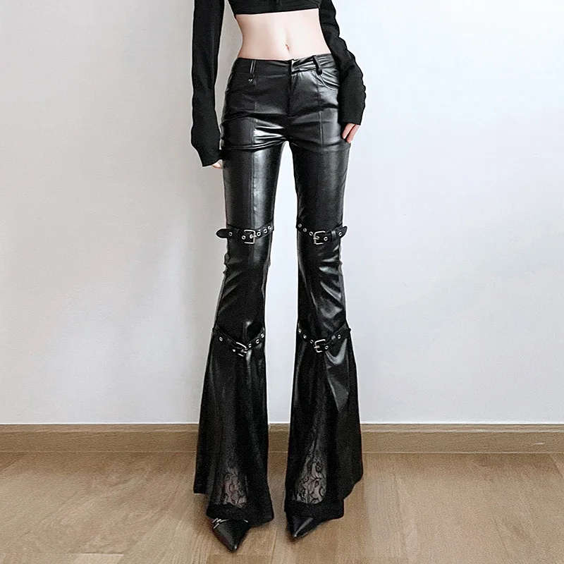 Vintage Fashion Y2K - Dames PU lederen flare broek, gotische